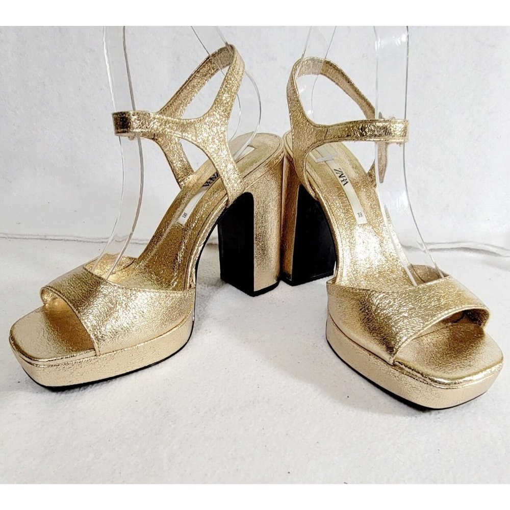 Zara Womens Gold Metallic Platforms Sandals Ultra High Block Heels Size 39 - Picture 6 of 16
